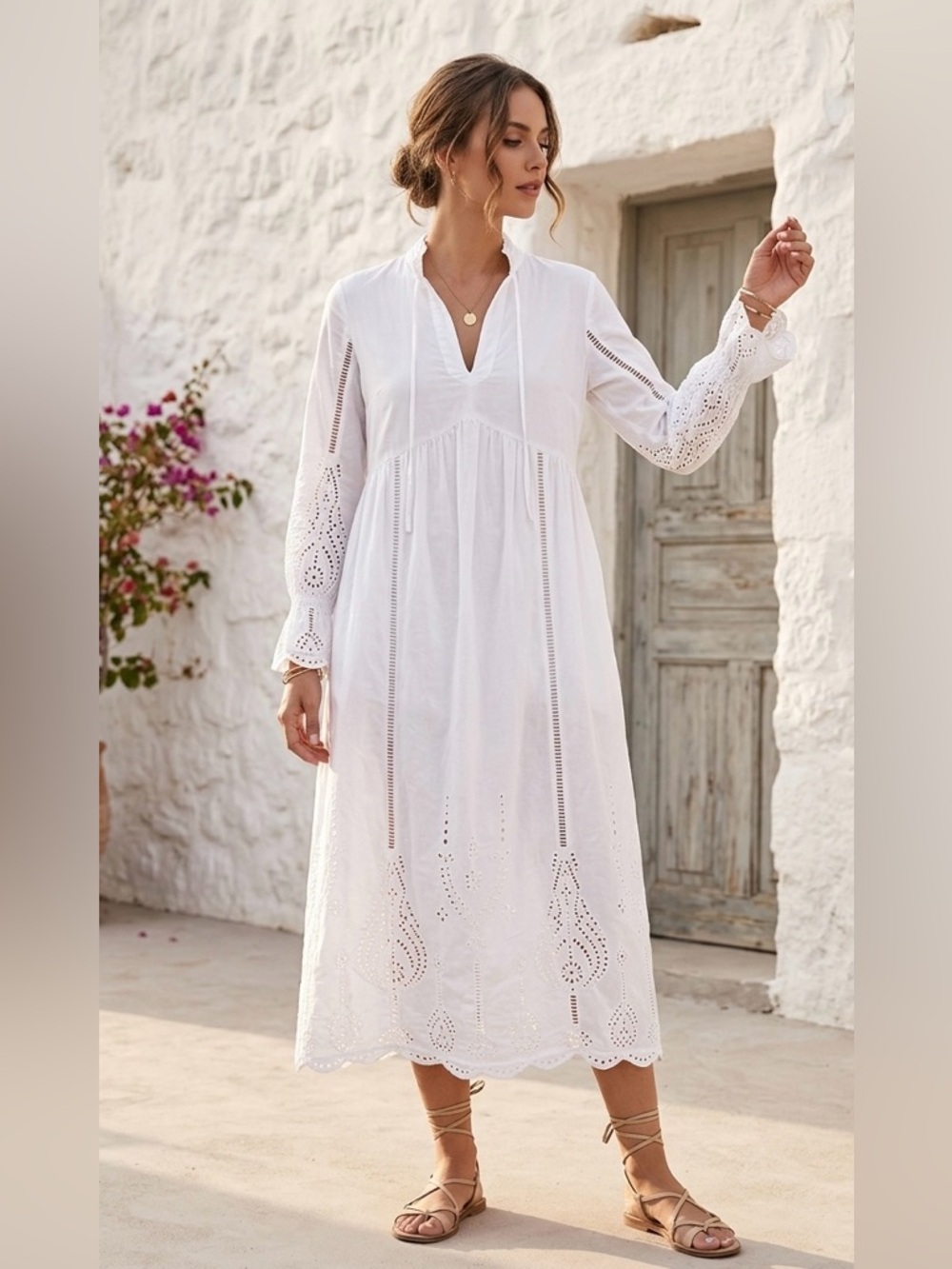 THE KOOPLES White Cotton Eyelet Embroidery Midi Dress - Size 2 (US S)